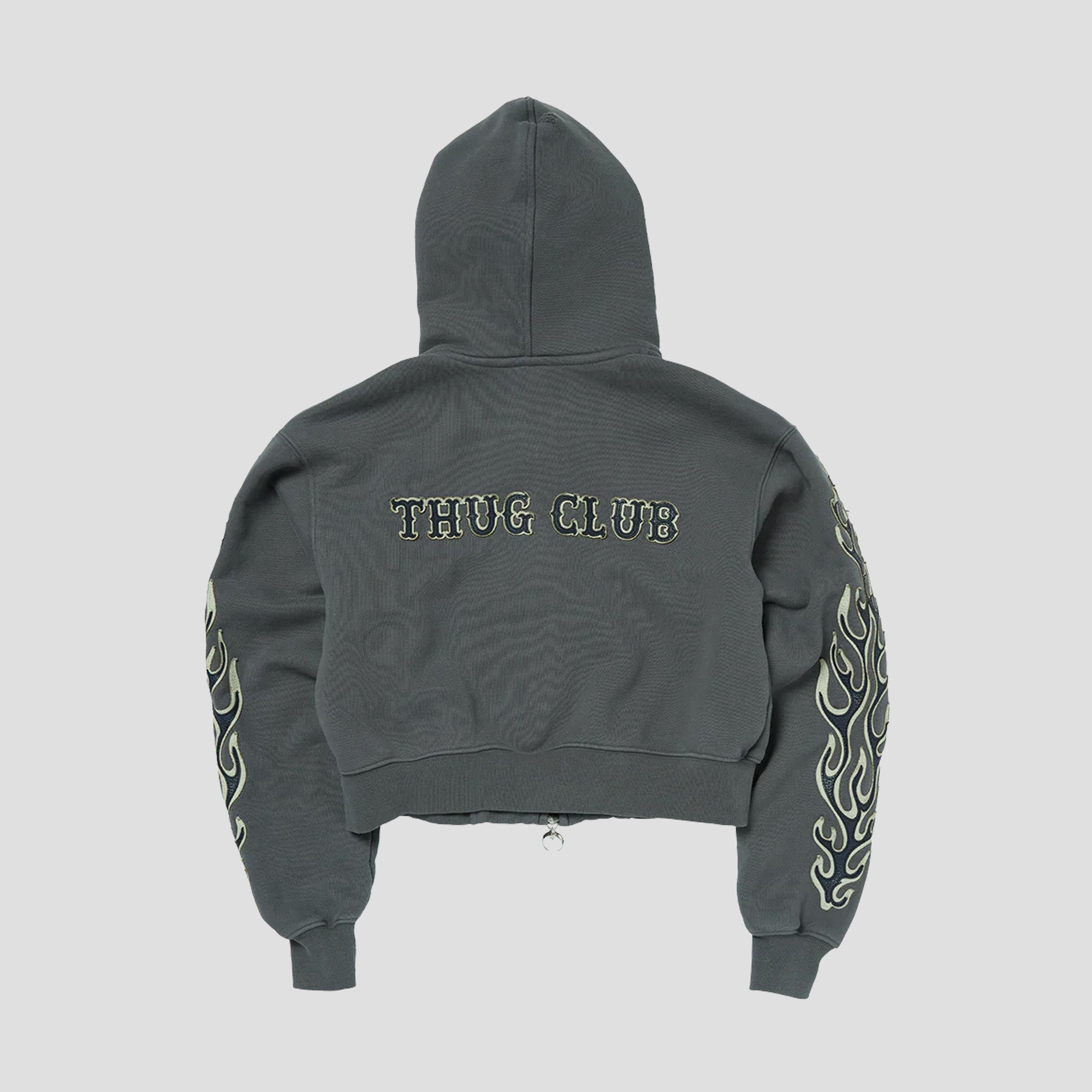 LEATHER FLAME CROPPED HOODED ZIP-UP