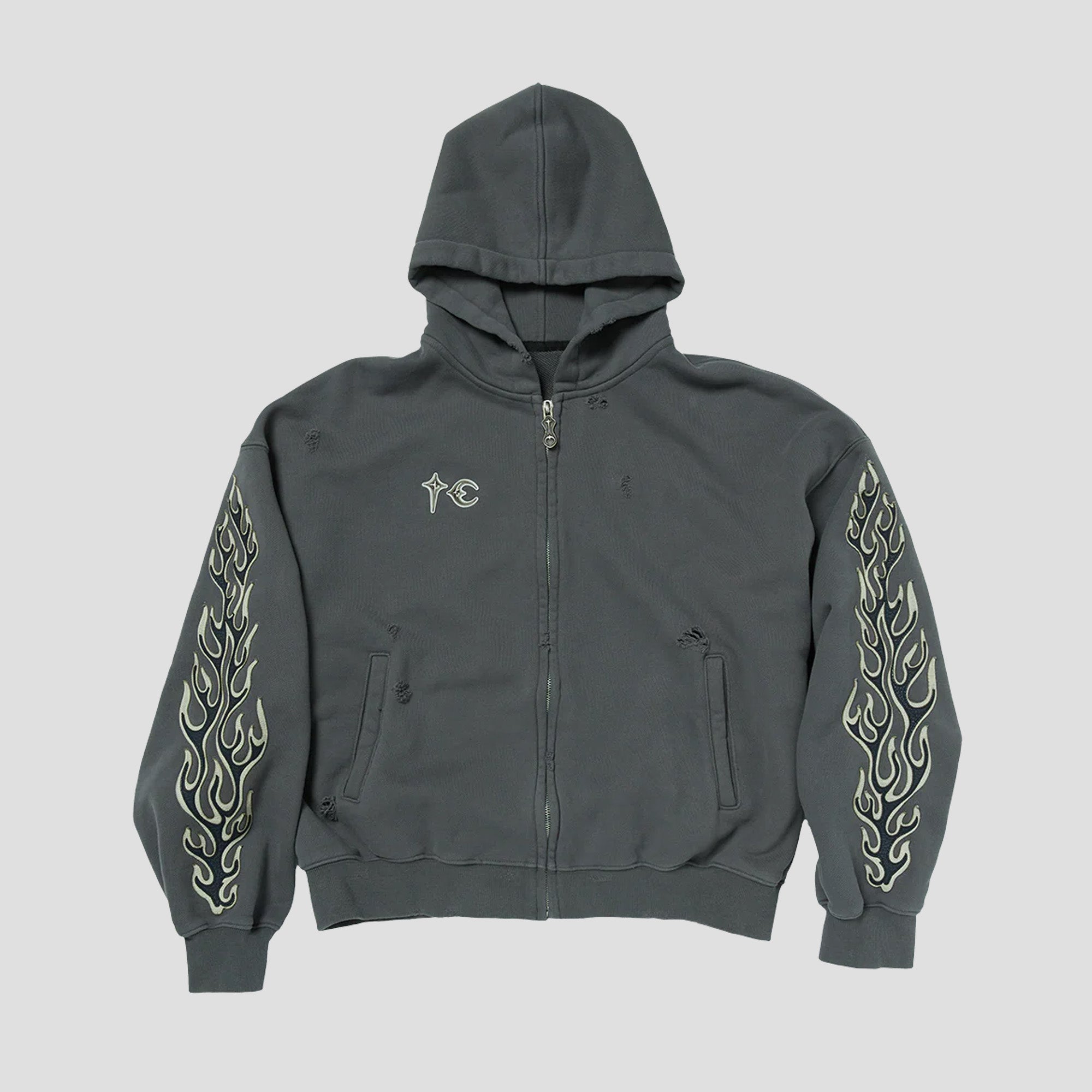 LEATHER FLAME HOODED ZIP-UP