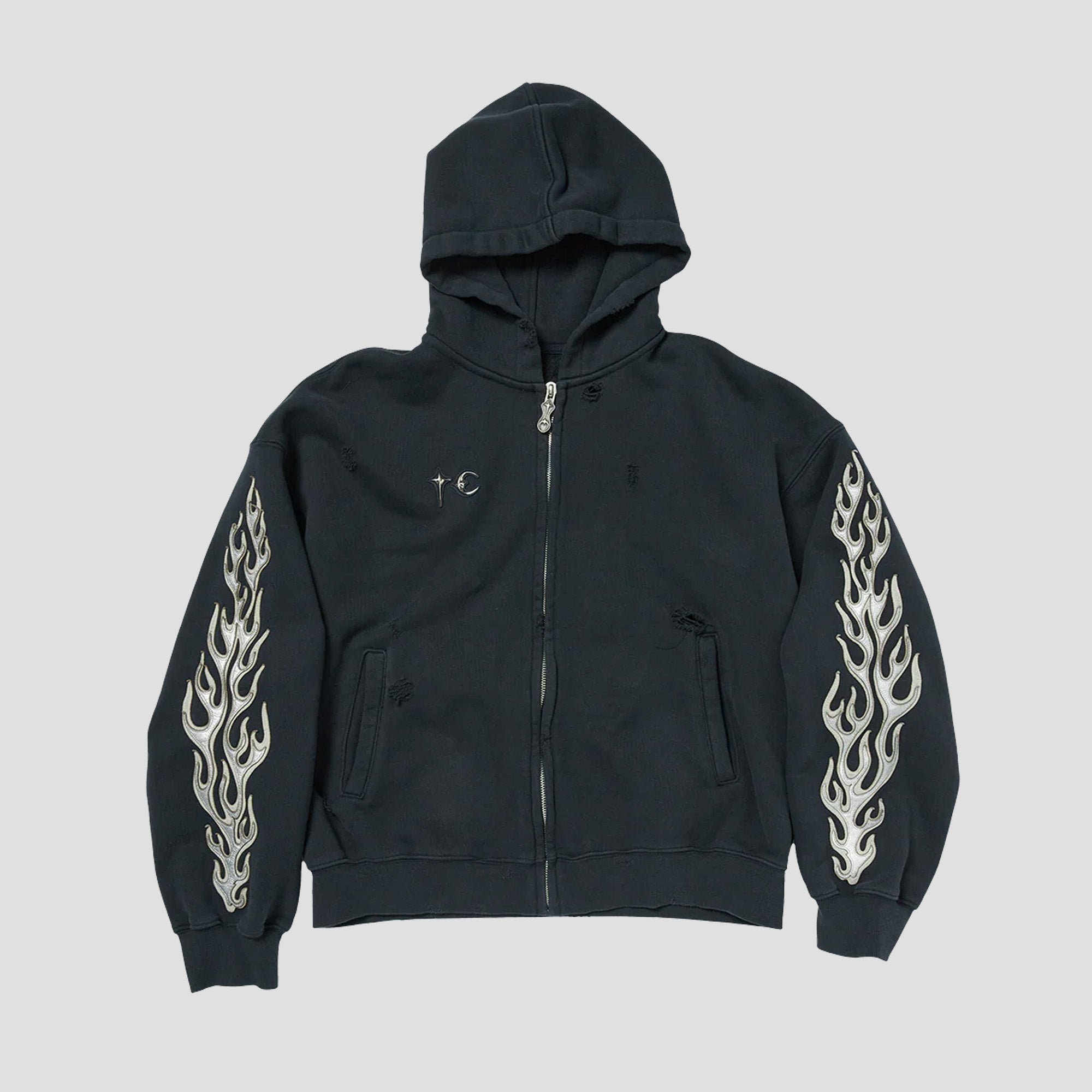 LEATHER FLAME HOODED ZIP-UP