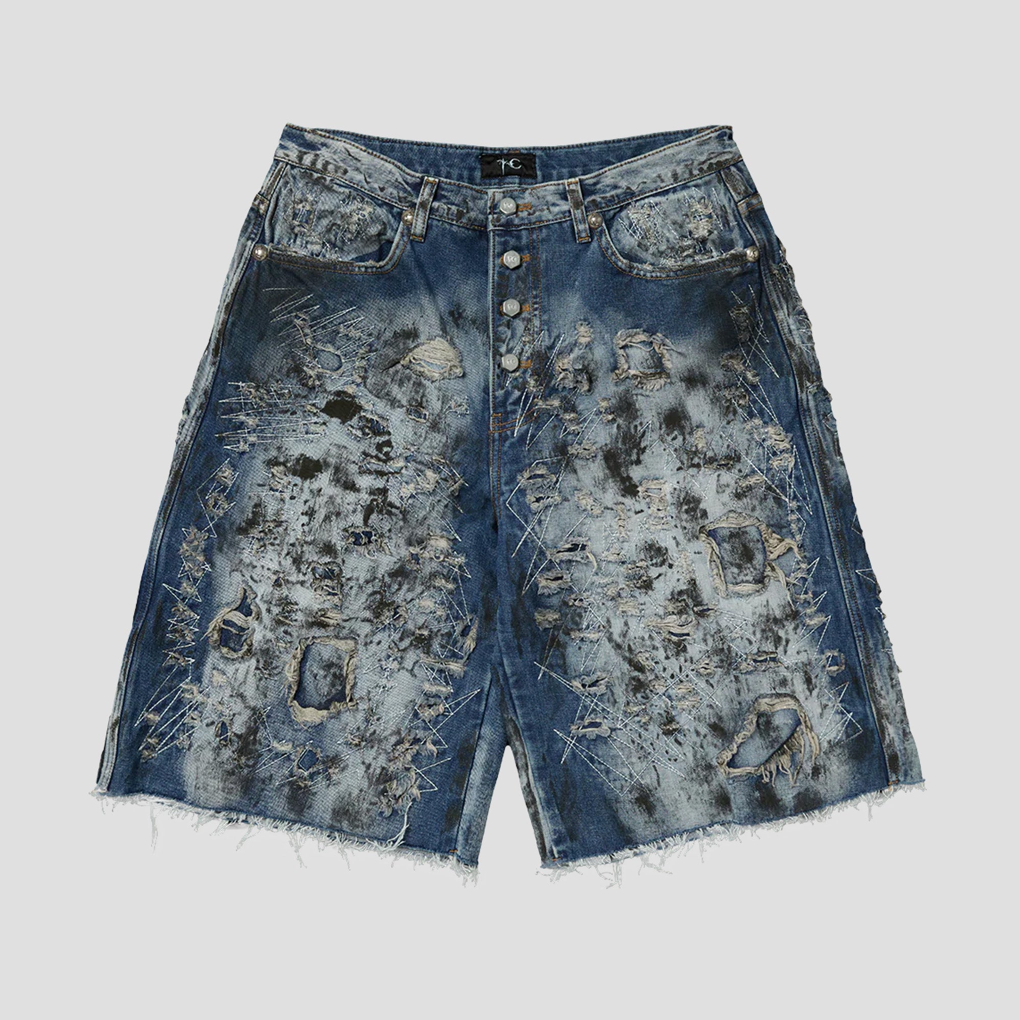 HARD WASHED DESTROYED DENIM SHORTS