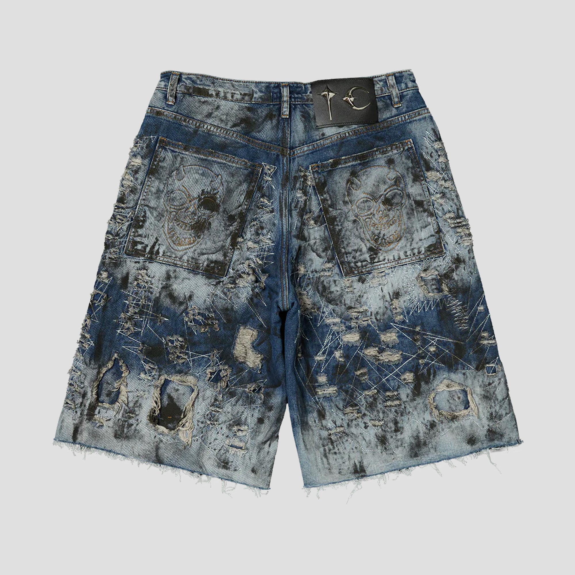 HARD WASHED DESTROYED DENIM SHORTS