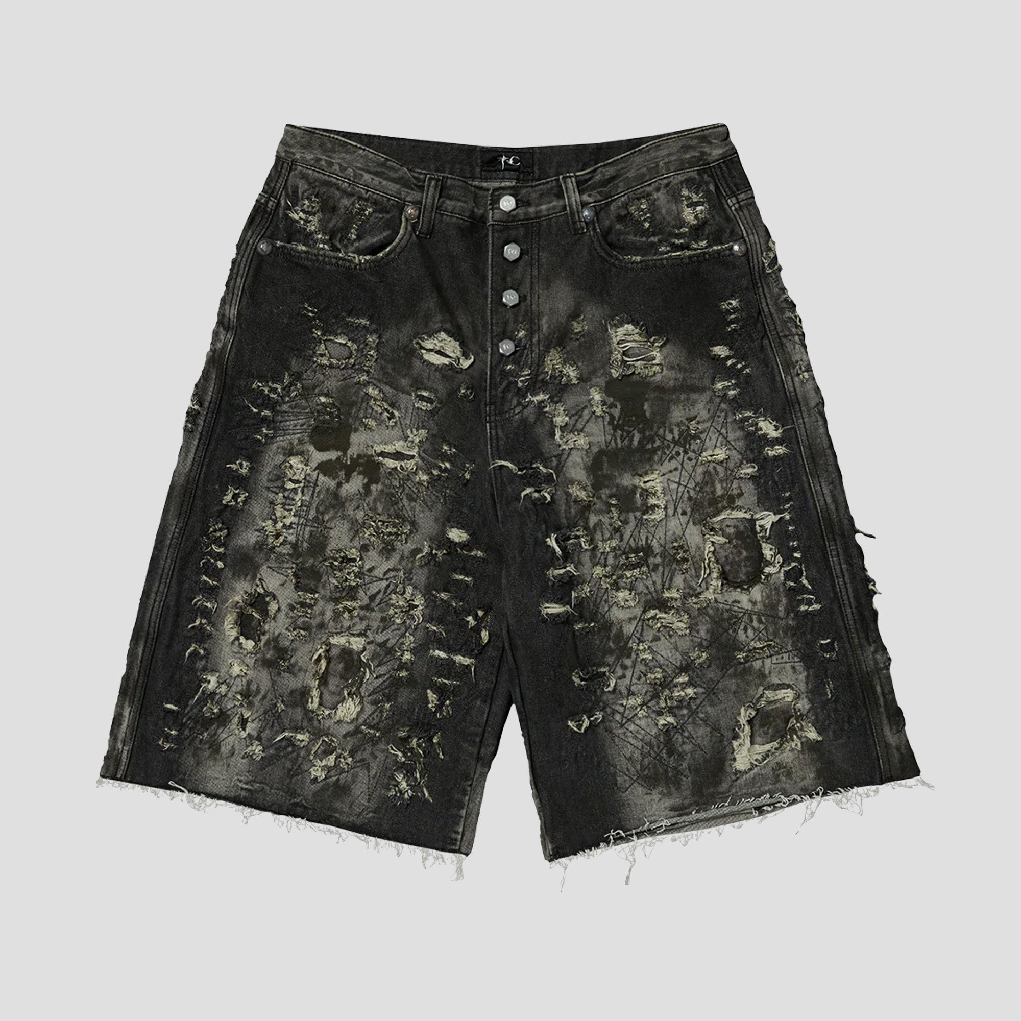 HARD WASHED DESTROYED DENIM SHORTS