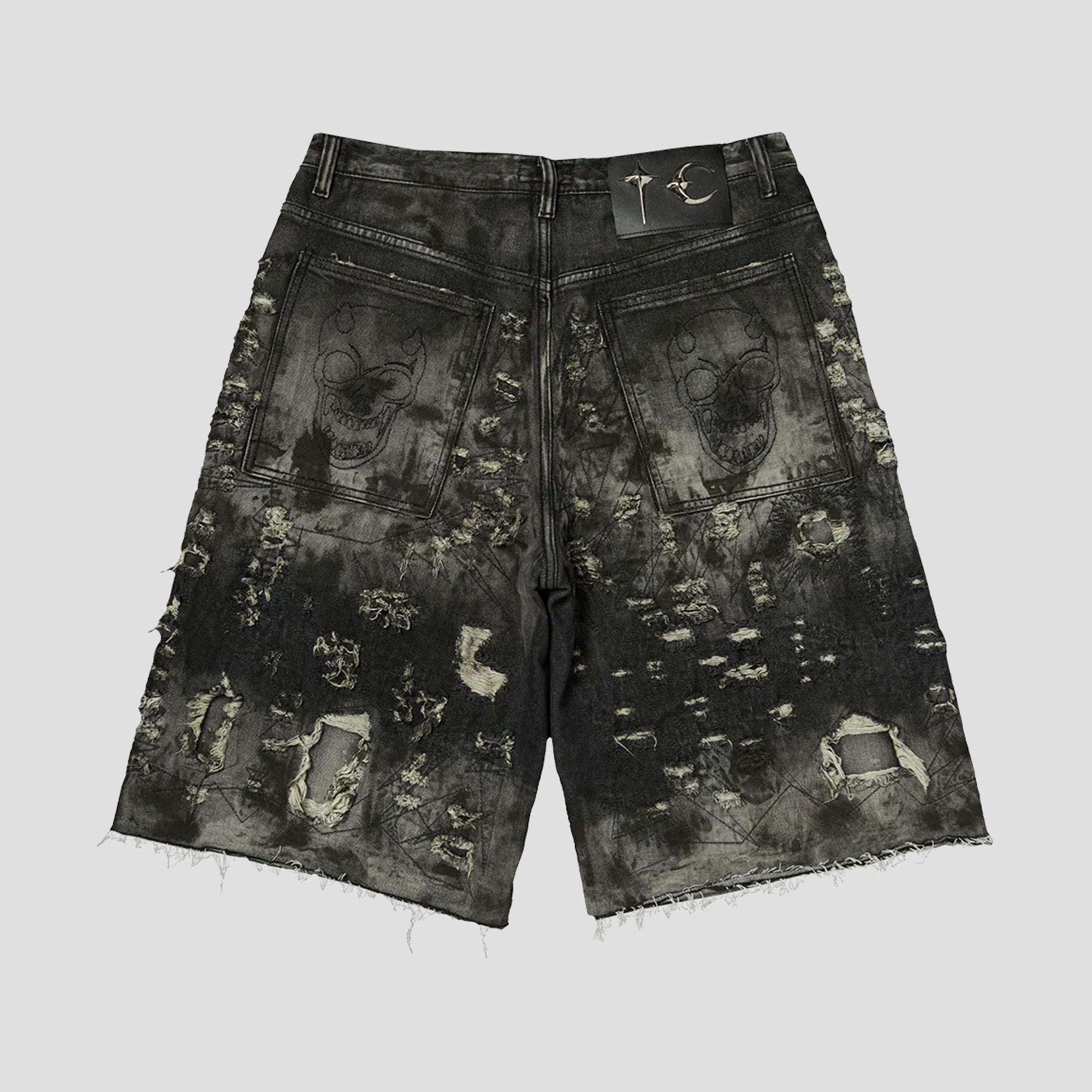 HARD WASHED DESTROYED DENIM SHORTS