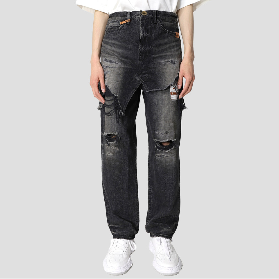 LAYERED COMBINED DENIM PANTS - BLACK