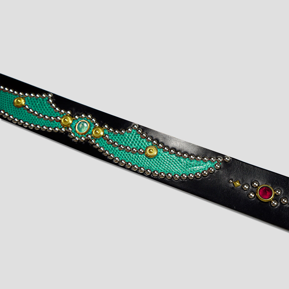 STUDDED LEATHER INLAY BELT WITH REFLECTOR - EMERALD GREEN