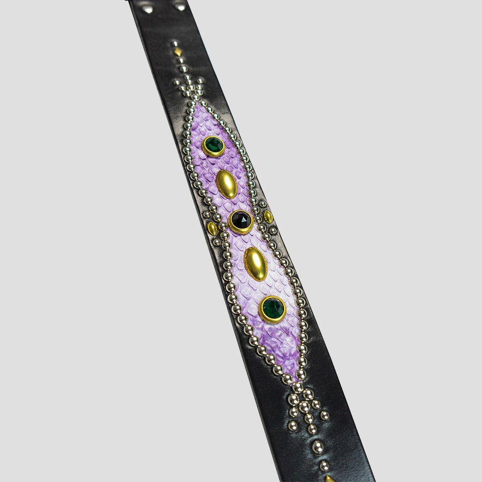 STUDDED LEATHER INLAY BELT WITH REFLECTOR - PURPLE LIZARD