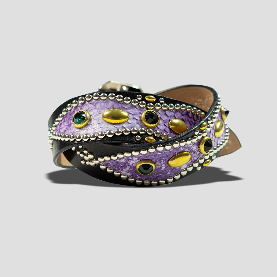STUDDED LEATHER INLAY BELT WITH REFLECTOR - PURPLE LIZARD
