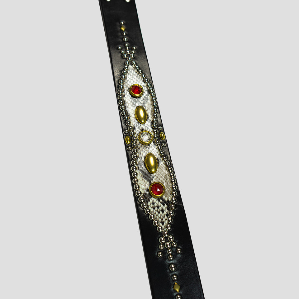 STUDDED LEATHER INLAY BELT WITH REFLECTOR - PYTHON
