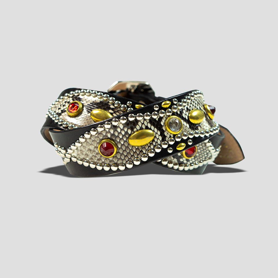 STUDDED LEATHER INLAY BELT WITH REFLECTOR - PYTHON
