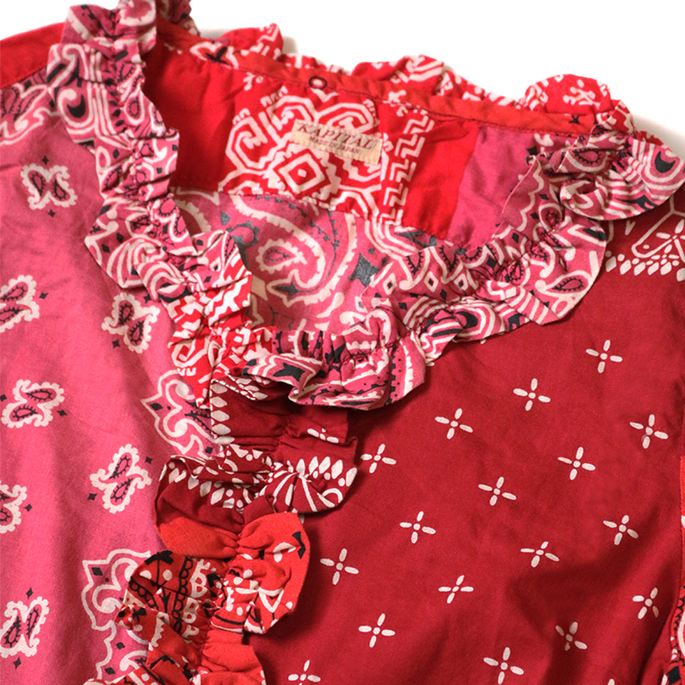GAUZE BANDANA PATCHWORK V-NECK FRILL SHIRT - RED