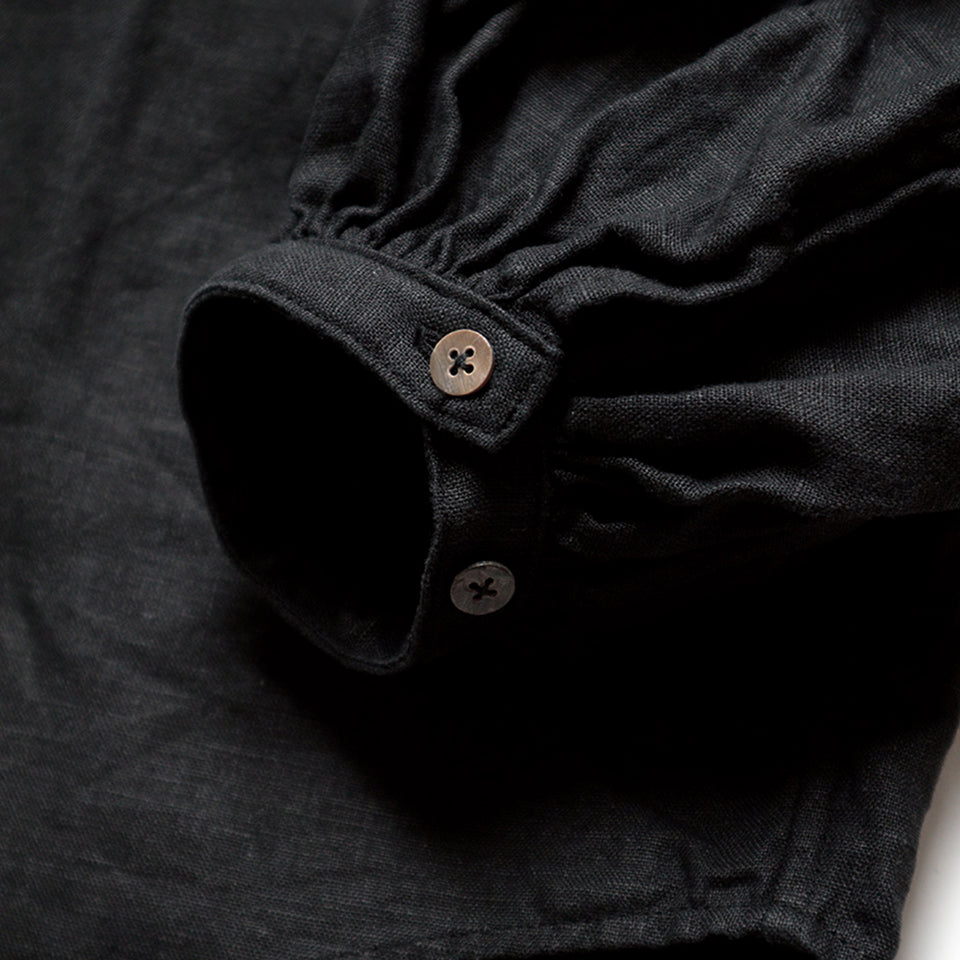 LINEN CANVAS 2TONES PURITAN COLLAR BOUFFANT SHIRTS - BLACK