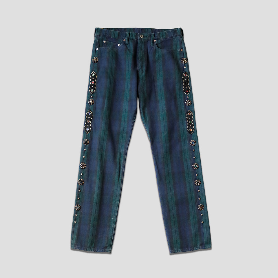 11oz TARTAN CHECK 5P MONEKY CISCO JEANS (STUDS REMAKE) - GREEN