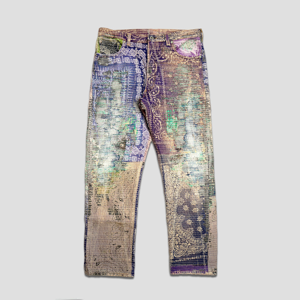 BORO x SASHIKO BANDANA JEANS - GREEN/PURPLE