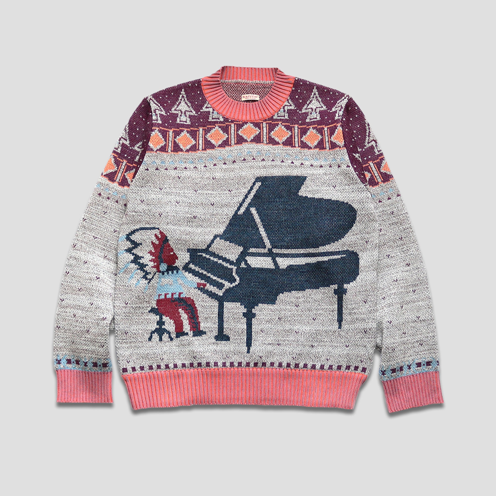 KAPITAL 7G KNIT ALASKA CAMP PIANO CREW SWEATER - GRAY at