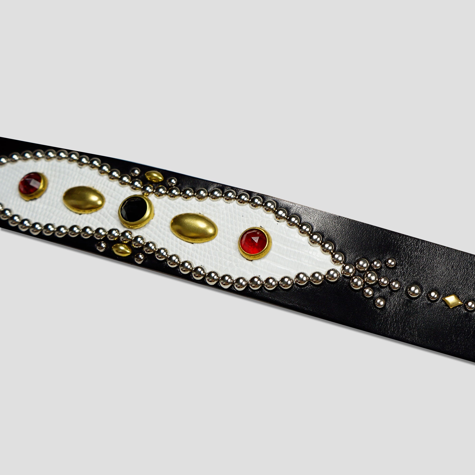 STUDDED LEATHER INLAY BELT WITH REFLECTOR - WHITE LIZARD