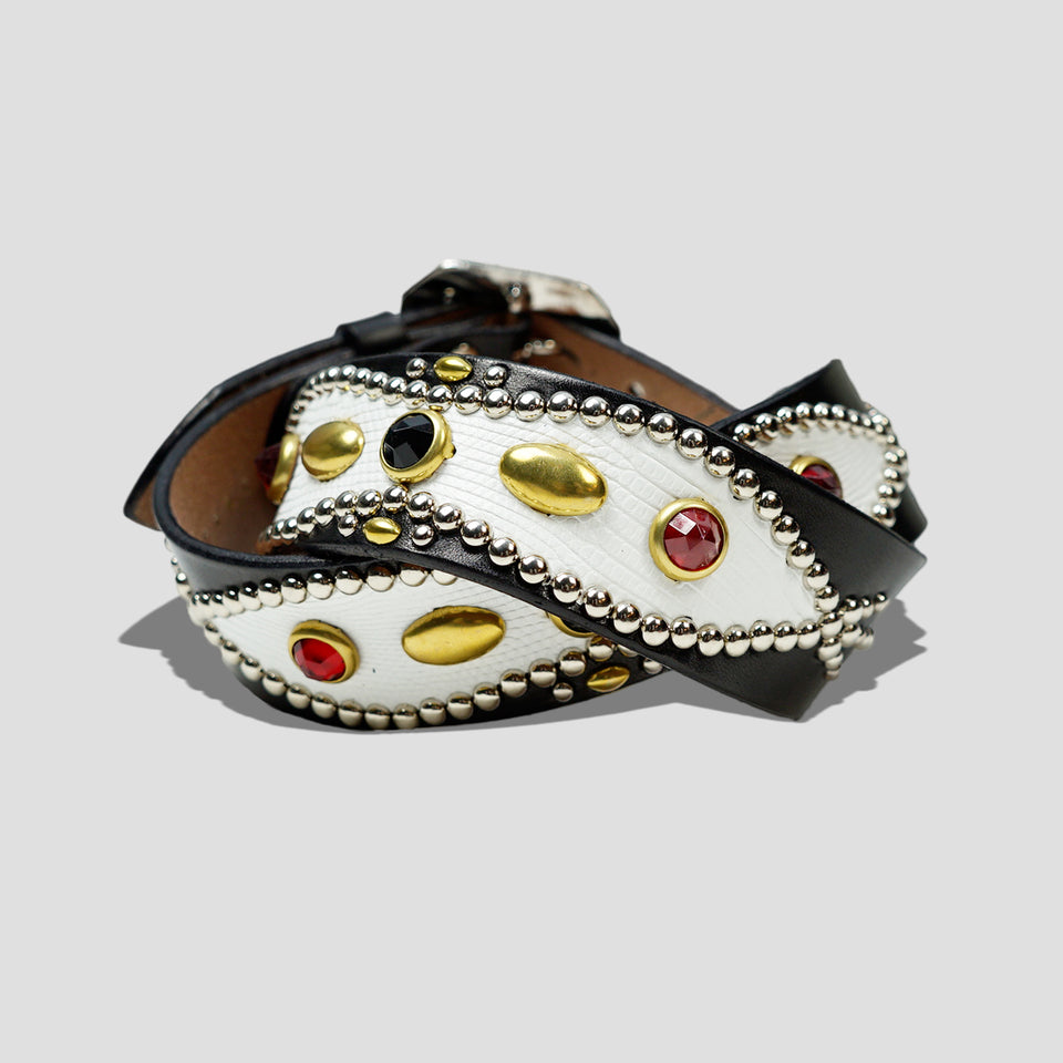 STUDDED LEATHER INLAY BELT WITH REFLECTOR - WHITE LIZARD