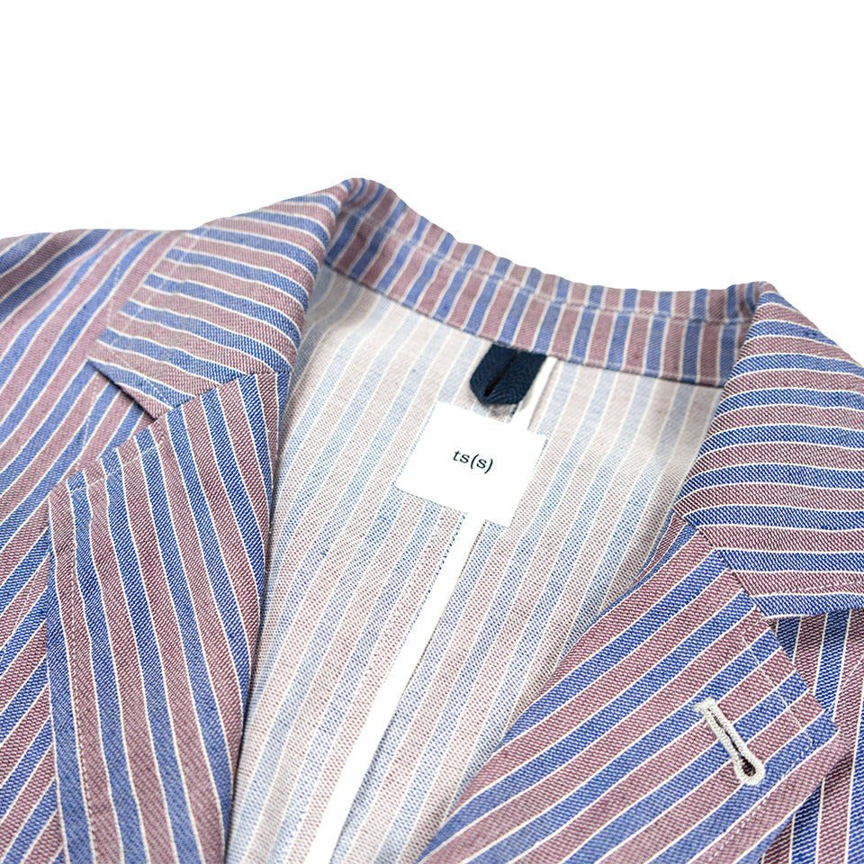 Linen x Silk Combination Stripe Brazer - Blue/Purple