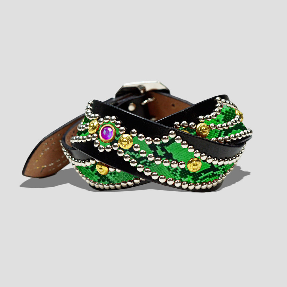 STUDDED LEATHER INLAY BELT WITH REFLECTOR - GREEN PYTHON